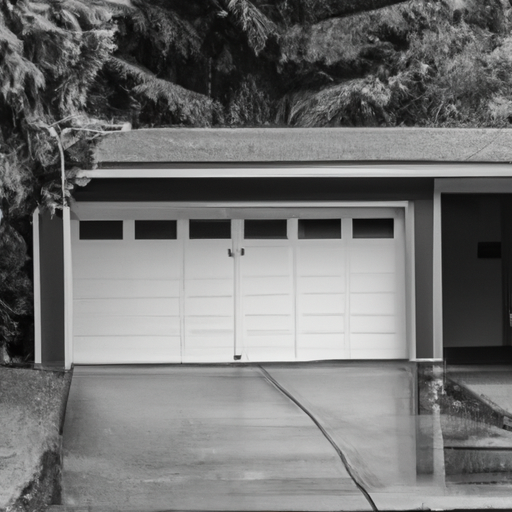 Modern residential garage door in Snoqualmie, WA neighborhood with visible panels, tracks, and damp pavement