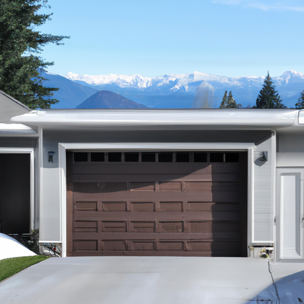 Modern residential garage door on a suburban home in Snoqualmie, WA, with snow-capped mountains in the background