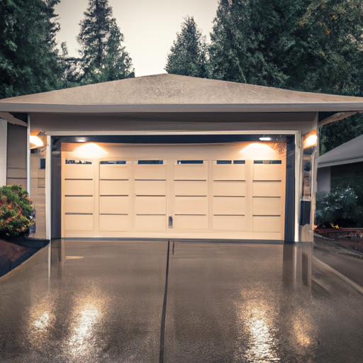 Modern residential garage door in Snoqualmie after light rain; door panels, weather seal and opener housing visible.