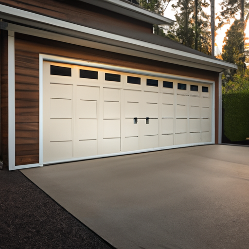 Suburban Snoqualmie driveway with a modern closed garage door at golden hour, cedar siding and wet pavement reflecting light.