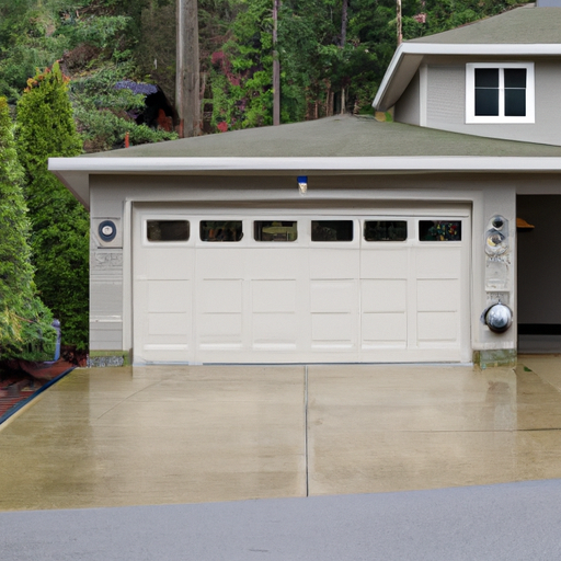 Residential garage door closed on an overcast day in Snoqualmie with damp driveway and evergreen background.