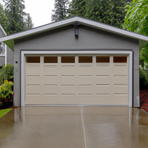 Insulated steel garage door on a suburban Snoqualmie driveway with wet pavement and evergreen landscaping under overcast sky.