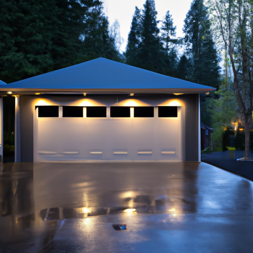 Residential garage door slightly open at dusk with wet driveway and evergreen foothills in Snoqualmie, WA.