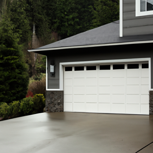 Suburban Snoqualmie home with a sectional garage door, evergreen trees and Mount Si in the background.