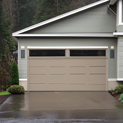 Suburban Snoqualmie house exterior showing a modern closed garage door with wet driveway and trees in the background.