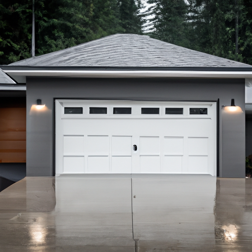 Residential garage door on a wet overcast day in Snoqualmie, WA with visible smart camera and evergreen background.