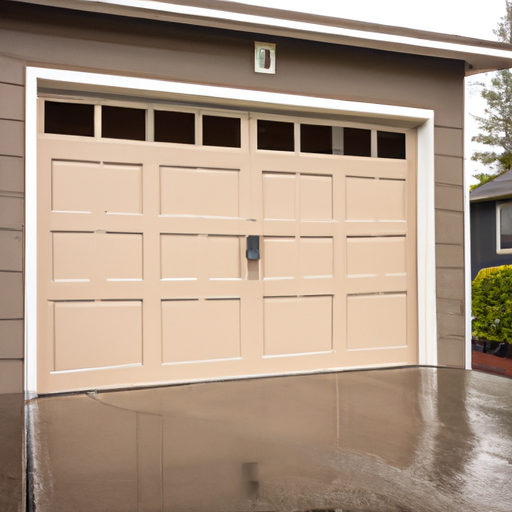 Insulated steel garage door on a suburban Snoqualmie, WA home with wet driveway and cedar trim.