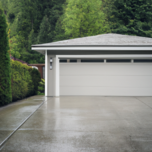 Residential garage in Snoqualmie, WA with a slightly ajar sectional door, tracks and opener visible in overcast light.