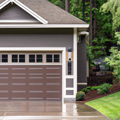 Suburban Snoqualmie home with a modern sectional garage door slightly open on a wet overcast day, evergreen trees visible.