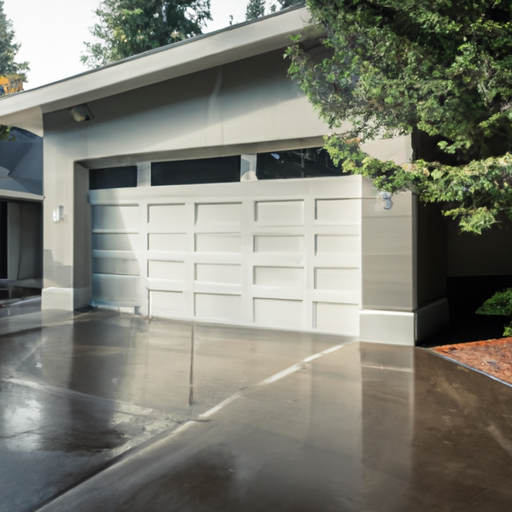 Exterior view of an insulated garage door with a visible smart garage hub, wet pavement and evergreens in Snoqualmie morning light.