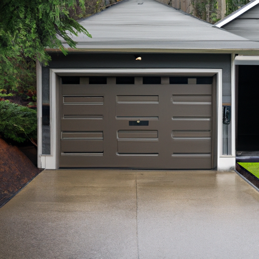 Closed modern garage door at a Snoqualmie home on an overcast day with wet driveway and evergreens behind.