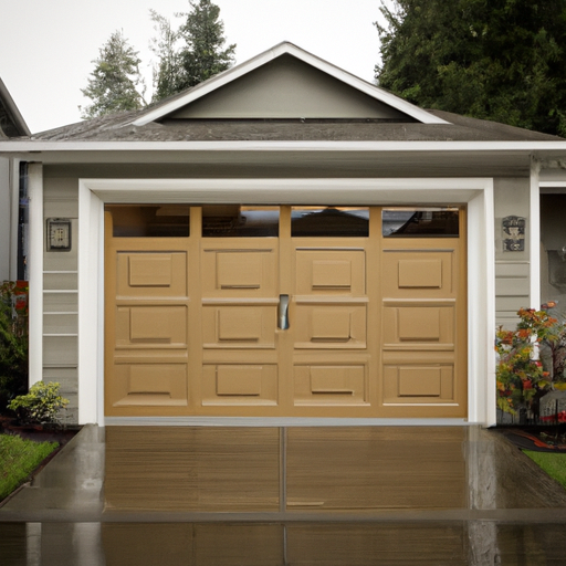 Closed residential garage door on a Craftsman house in a Snoqualmie neighborhood on a wet overcast day.