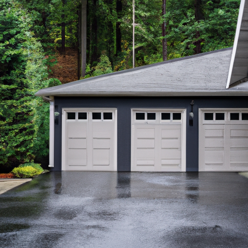 Two-car garage door slightly open on a wet Snoqualmie street with evergreen backdrop and overcast sky.