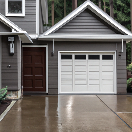 Residential sectional garage door on a wet Snoqualmie driveway with evergreen landscaping and visible weather seal.