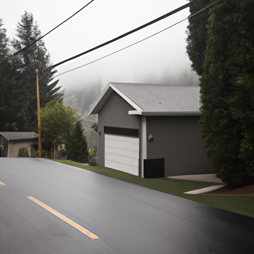 Insulated steel garage door on a Snoqualmie home with wet driveway and evergreen backdrop.