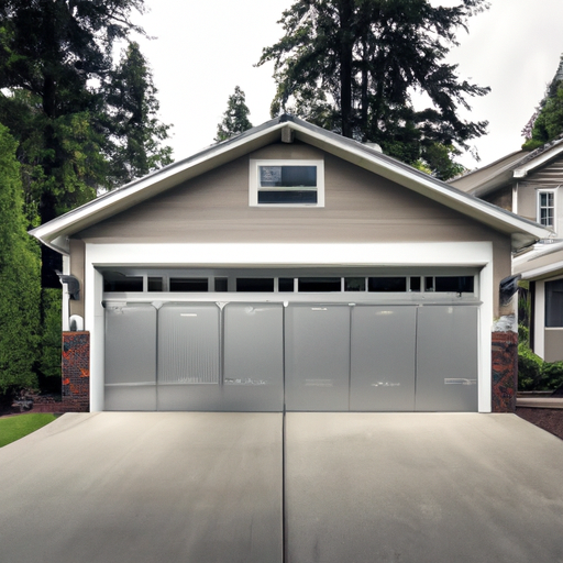 Sectional garage door on a Snoqualmie home with wet driveway and evergreen background, mid-morning light.