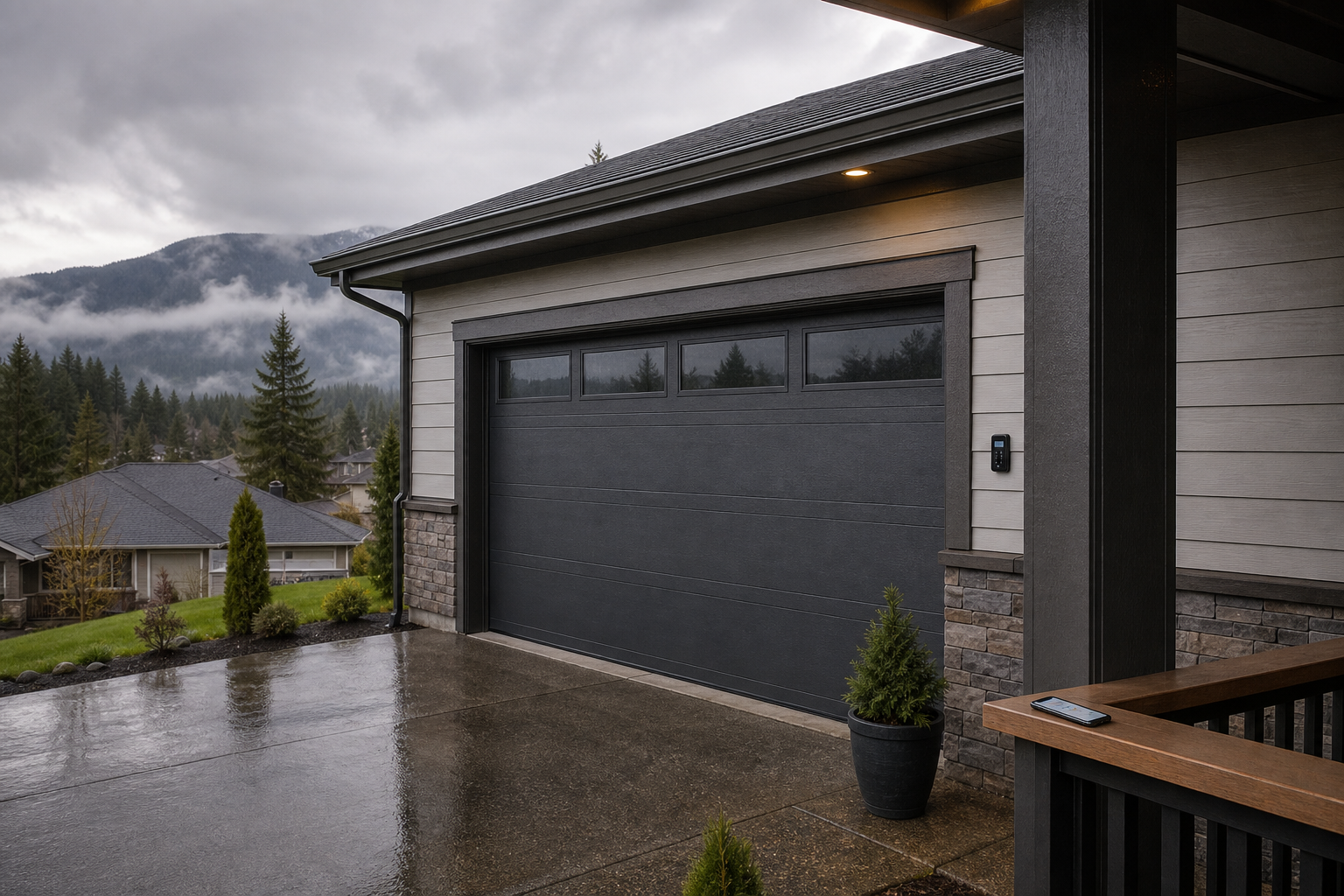 Suburban garage door in Snoqualmie with subtle smart home features on a rainy day