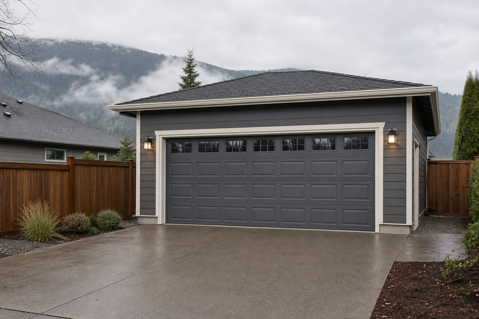 Suburban garage door in Snoqualmie on a cloudy Pacific Northwest day